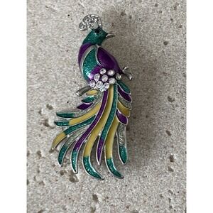 Colorful Peacock Brooch Purple Teal Yellow Enamel Rhinestone Silver Tone Novelty